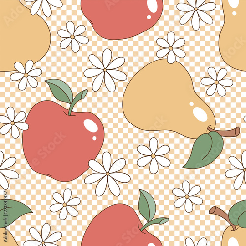 Retro groovy garden fruit apple and pear with daisy flowers on checkerboard vector seamless pattern. Hand drawn natural organic healthy food vegetables fruit floral background.