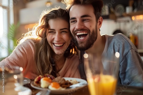 Photo of smiling Loving couple having breakfast together at home