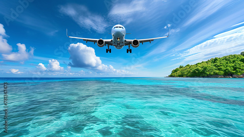 Airplane fly above beautiful nature landscape island, Tourism destination, Background for banner summer holiday vacation travel trip