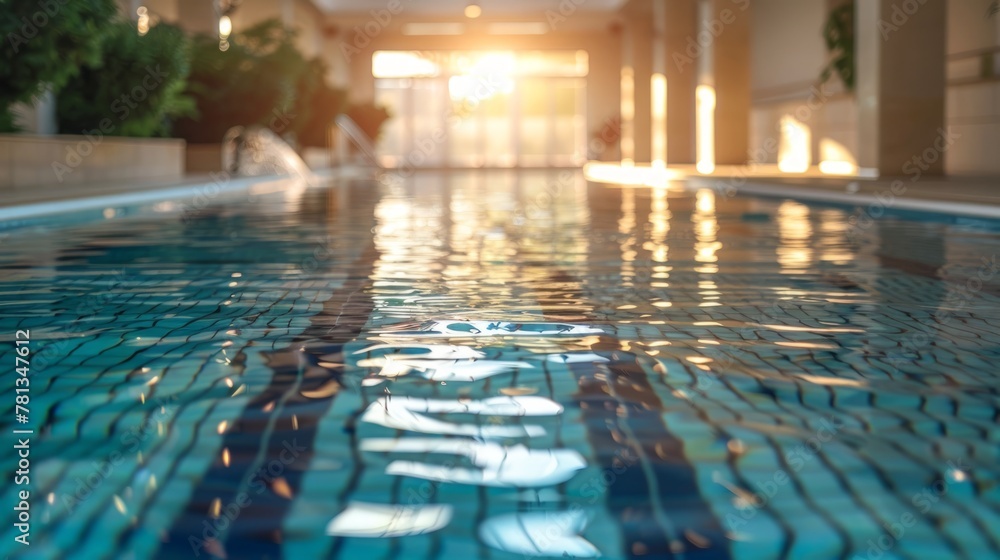 A luxurious swimming pool glows with natural light pouring in through the surrounding windows, creating a tranquil and inviting atmosphere for a refreshing dip on a sunny day