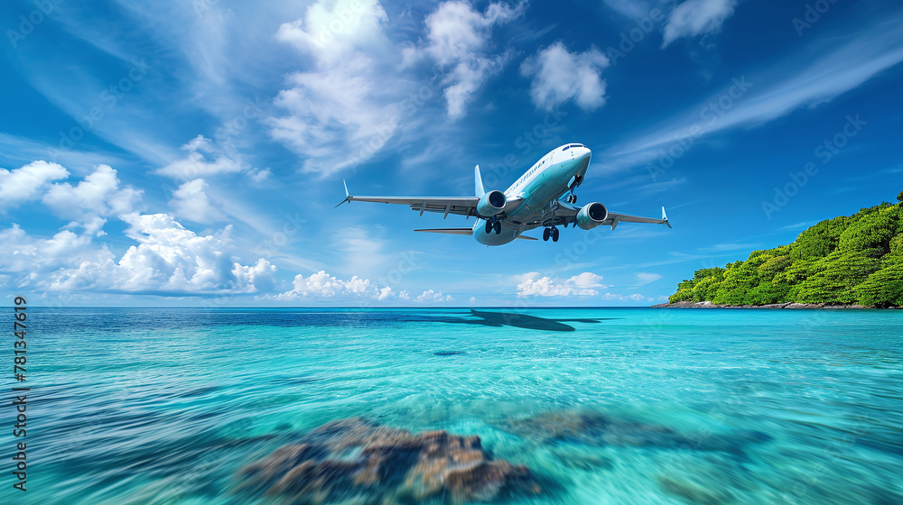 Fototapeta premium Concept of airplane travel to exotic destination with shadow of commercial airplane flying above beautiful tropical beach. Beach holidays and travel.