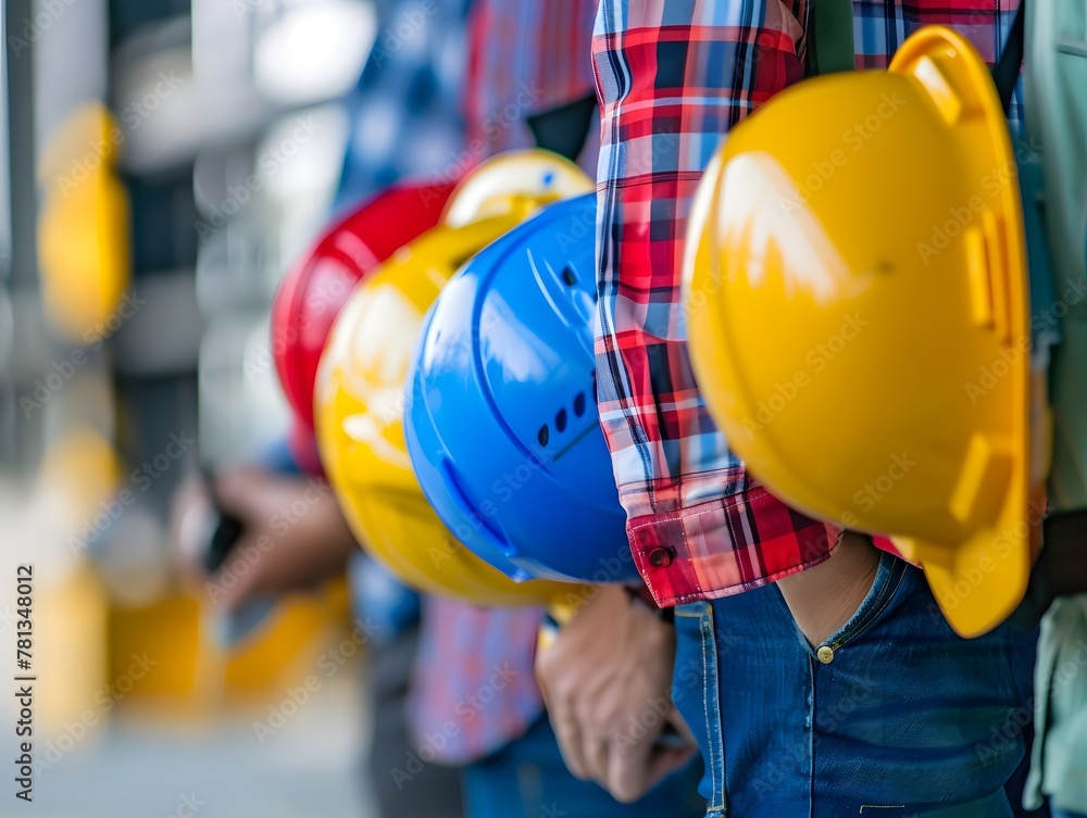 Safety Concept, Engineer team holding hardhat standing ready for work Safety Concept, Engineer team holding hardhat standing ready for work