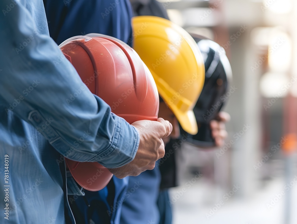 Safety Concept, Engineer team holding hardhat standing ready for work Safety Concept, Engineer team holding hardhat standing ready for work