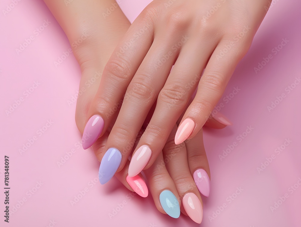 Hands of young woman with beautiful pastel manicure Hands of young woman with beautiful pastel manicure