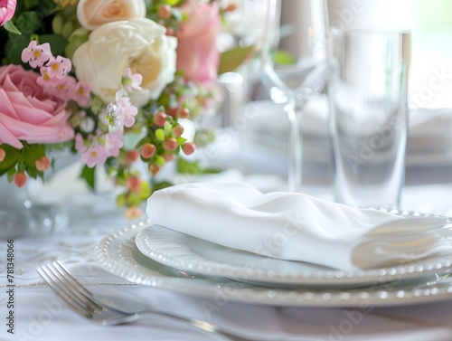 Wedding Plates decor  with folded napkins and cutlery stand on the table near. © Valentin