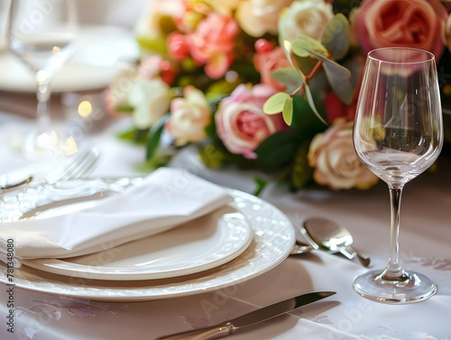 Wedding Plates decor with folded napkins and cutlery stand on the table near.