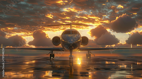 Business class travel concept, luxury private jet at sunset or sunrise.