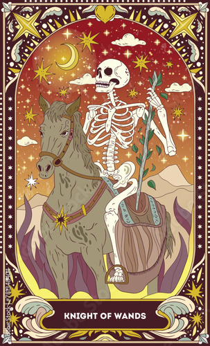 A tarot card in bohemian tones in a modern style in the form of a skeleton. Modern illustration of Knight of Wands card, minimalistic cartoon skeleton, simple vector drawing