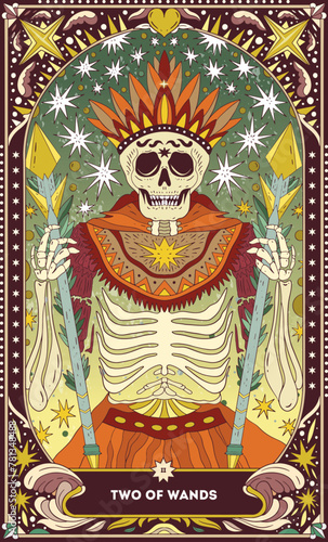 A tarot card in bohemian tones in a modern style in the form of a skeleton. Modern illustration of Two of Wands card, minimalistic cartoon skeleton, simple vector drawing