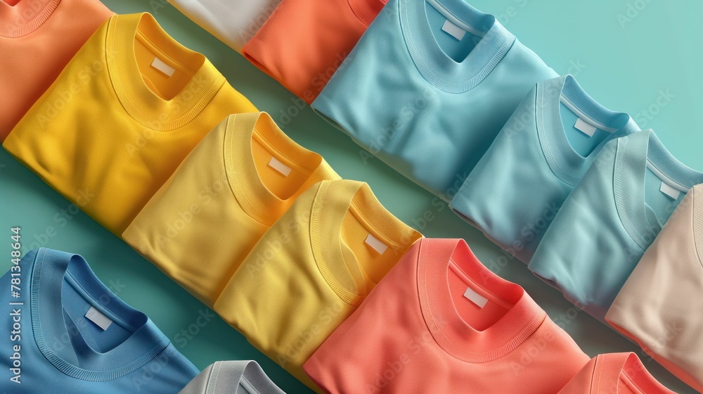 Collection of Vibrant Colorful Tshirts on Bright Blue Background with 3D Effect for Fashion Design Mockup Concept