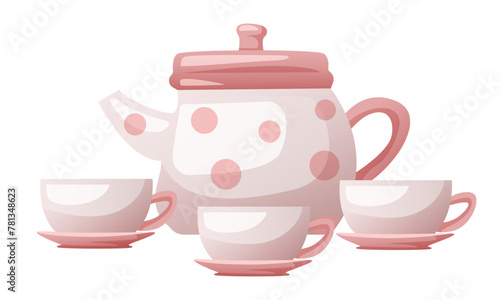 Tea-set. Teapot and three cups. Vector doodle clipart isolated on white background.
