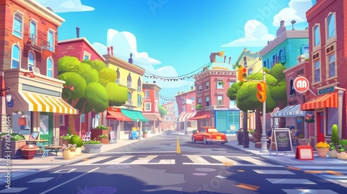 City street landscape with crossroads and traffic lights, buildings with shops, cafes, and restaurants cartoon modern background, city poster with empty streets