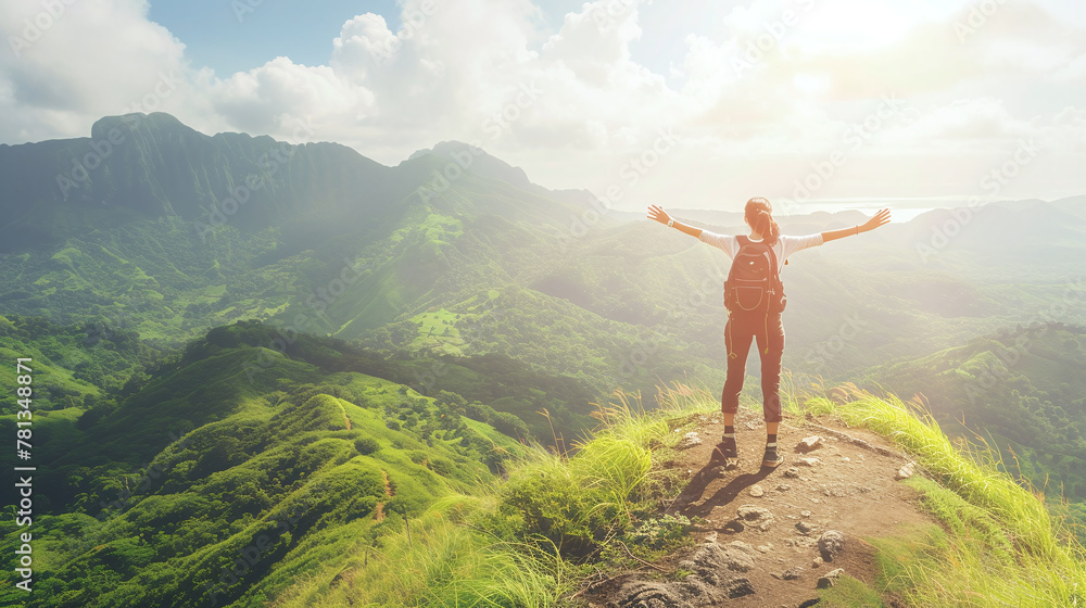 Active woman with hiking backpack arms wide open, traveling along hiking trails in the mountains among forests and cliffs. Traveler enjoying nature. Concept of active lifestyle. Adventures. Copy space Active woman with hiking backpack arms wide open, traveling along hiking trails in the mountains among forests and cliffs. Traveler enjoying nature. Concept of active lifestyle. Adventures. Copy space