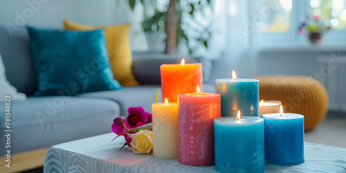 Candles arranged on a table in front of a couch, creating a warm and cozy ambiance. photo