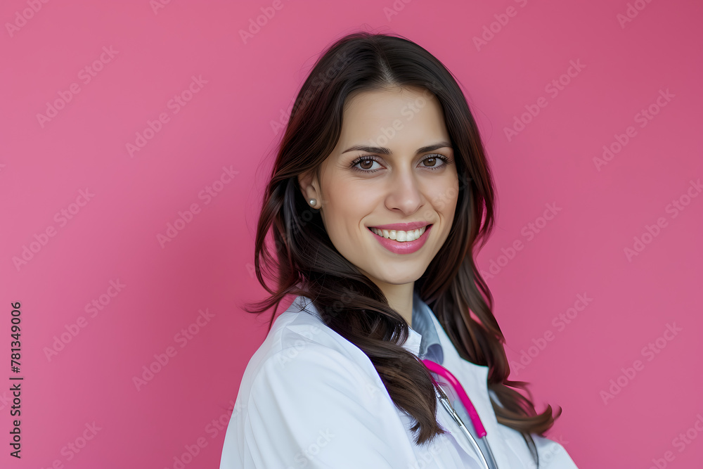 Confident female doctor with stethoscope against pink background. Healthcare and medical professionalism concept. Design for medical publications and health awareness. Portrait with copy space Confident female doctor with stethoscope against pink background. Healthcare and medical professionalism concept. Design for medical publications and health awareness. Portrait with copy space