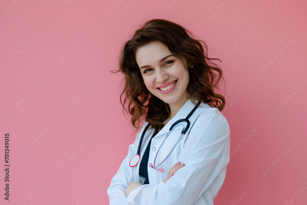 Confident female doctor with stethoscope against pink background. Healthcare and medical professionalism concept. Design for medical publications and health awareness. Portrait with copy space Confident female doctor with stethoscope against pink background. Healthcare and medical professionalism concept. Design for medical publications and health awareness. Portrait with copy space