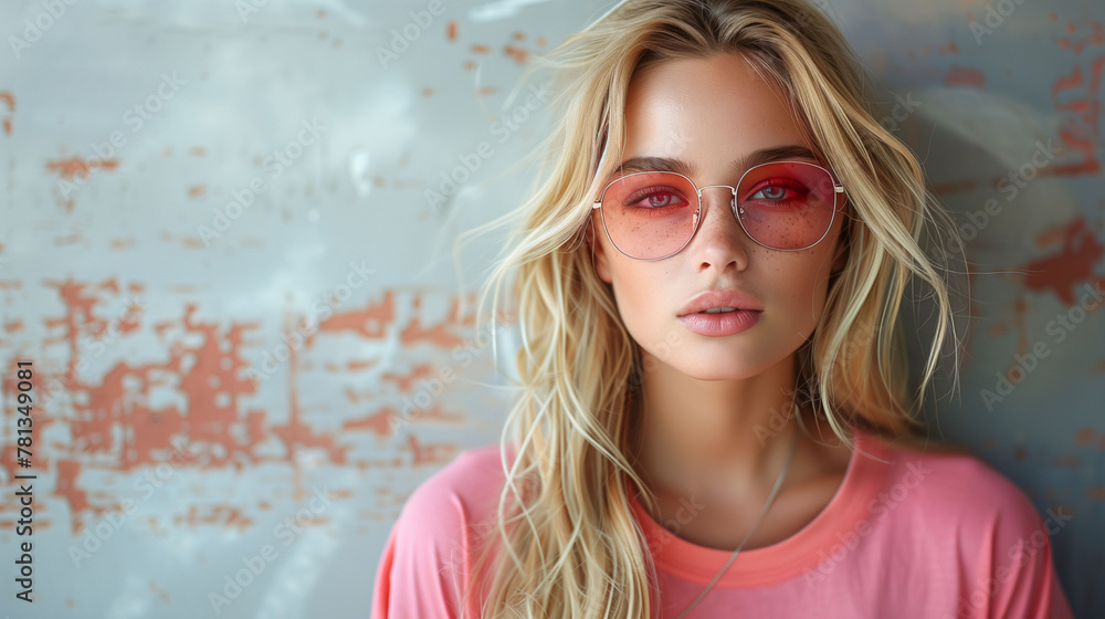Stylish young woman in pink t-shirt and trendy round sunglasses posing against a textured blue wall with peeling paint. Fashion portrait with a summer vibe. Stylish young woman in pink t-shirt and trendy round sunglasses posing against a textured blue wall with peeling paint. Fashion portrait with a summer vibe.