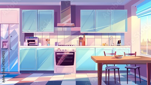 Cartoon illustration of home kitchen, empty interior with appliances for cooking, serving table near large window, range hood, refrigerator, and utensils. Cozy clean dining area.