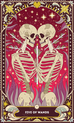A tarot card in bohemian tones in a modern style in the form of a skeleton. Modern illustration of Five of Wands card, minimalistic cartoon skeleton, simple vector drawing