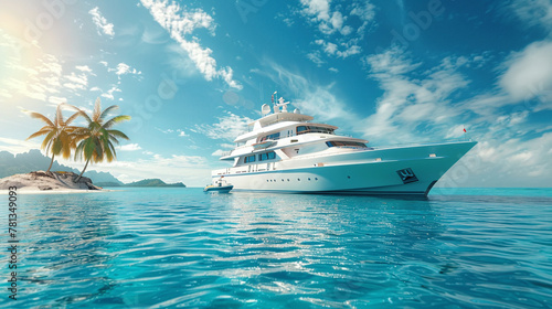 Luxury yacht in beautiful sea. Summer time, vacation concept. Banner, copy space for text