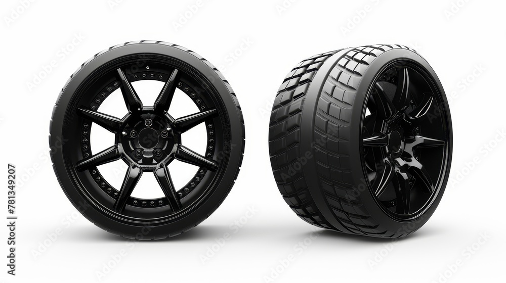 Japanese steel car wheel with modern black rubber tire isolated on white background. Realistic 3D icon of modern black rubber tire for advertising of automobile services, rallies.