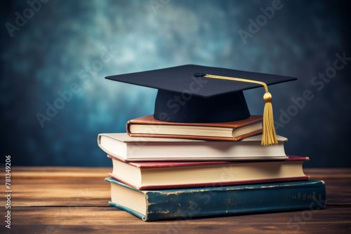 graduation cap and books. copy space
