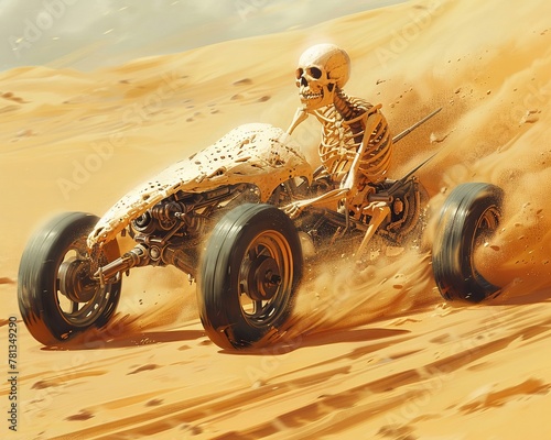 Beast bone vehicle dashing, dunes under sun, pale skeleton vs golden sand, marvel of speed photo