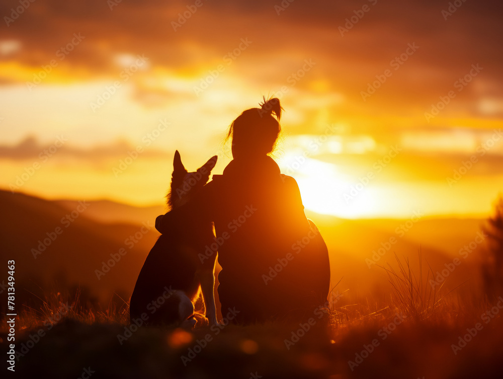Young woman sitting on rock with her dog and enjoying beautiful sky during sunset, Loyal companions: Owner and dog silhouette in mountain landscape, sharing love and affection. AI generated image