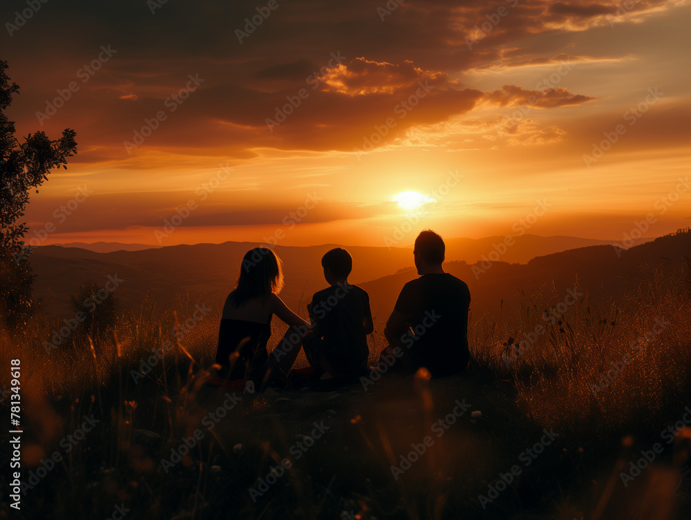Silhouettes of happy parents having good time with their child on mountain meadow at sunset, AI generated image. Morning serenade: Family silhouettes enjoy sunrise, seated in peace