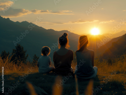 AI generated image of lesbian couple with kid spending summer vacation together  Lesbian family bliss  Embrace of love and affection between two moms  symbolizing LGBTQ unity