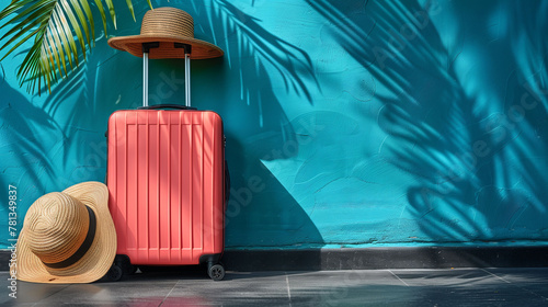 Travel concept with a pink suitcase, two straw hats, and tropical palm shadow on a vibrant blue wall, suggesting a sunny vacation getaway.