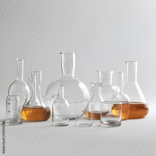 Laboratory glassware filled with liquid arranged on white background.