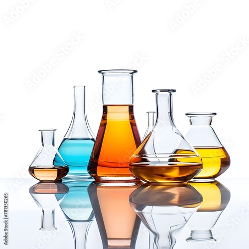 Laboratory glassware filled with liquid arranged on white background.