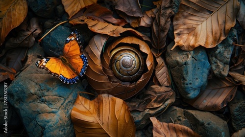 Little snail on dry leaves, Beautiful butterfly and little sanil on dry leaves photo