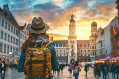 A girl tourist traveler enjoys a Grand view of the Gothic building of the Old town Hall in Munich. Searching for sights and interesting places in Munich city with Town Hall at the background.