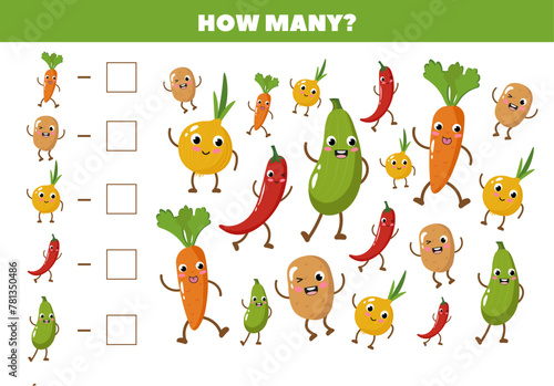 Math game for children. How many vegetables are there in the picture.Count the number of vegetables. Puzzle, educational game for children.A set of multi-colored vegetables. Educational cards for kids © Gordeeva