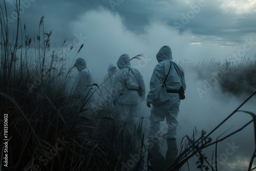 a group of people or scientists in a chemical protective suit with a protective mask on their face in a pollution zone, an ecological urban disaster