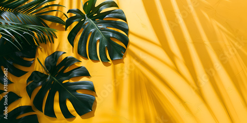 monstera tropical palm leaves on color on yellow background with space for text flat lay summer vacation concept 