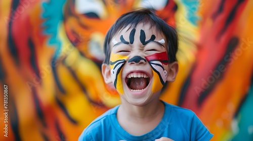 Joyful Asian Child Roaring Playfully with Vibrant Tiger-Painted Face