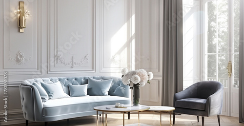 A French style living room in a haussmann buidling style with white panelled walls, grey sofa and blue armchair, wall painting of peonies, gold lighting sconces on the side table