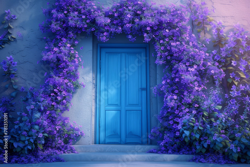 The entrance door is in lilac shades surrounded by hydrangeas in lilac color. Monochrome.