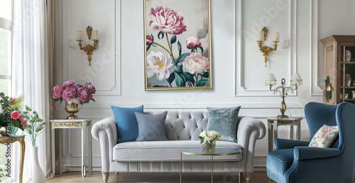 A French style living room in a haussmann buidling  style with white panelled walls, grey sofa and blue armchair, wall painting of peonies, gold lighting sconces on the side table photo