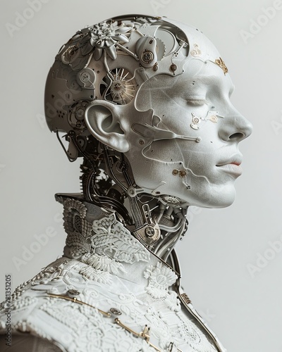 Humanfan artistic portrayal, mechanicalhuman traits blend, fashion and documentary aesthetics photo