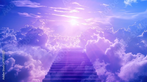 Blue sky with sun and beautiful clouds. Stairs in sky, the road to heaven. Purple toning , Abstract white spiral staircases Design concept © Classy designs