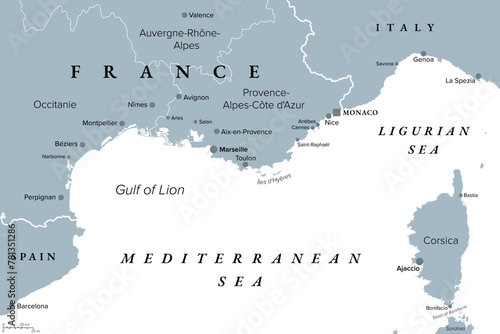 Southern France coastline, gray political map. Southernmost part of France, bordering the Mediterranean Sea. Map with part of Occitania, Provence, French Riviera, Corsica, and most important cities.