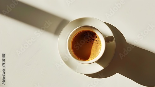Top View of Coffee Cup with Dynamic Lighting and Contrast on White Canvas