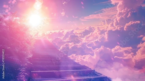 Blue sky with sun and beautiful clouds. Stairs in sky, the road to heaven. Purple toning , Abstract white spiral staircases Design concept