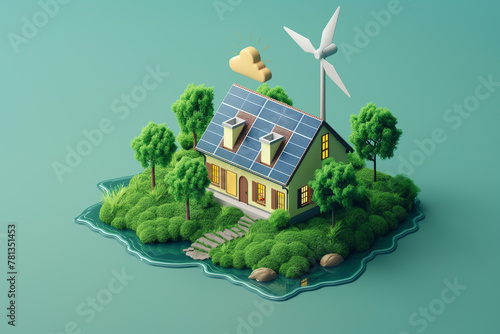 Renewable energy concept with house, wind turbine and solar panels, Isometric style