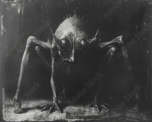 Portrait of a demon, three eyes in a row, belly eye largest, short legs, imposing stance photo
