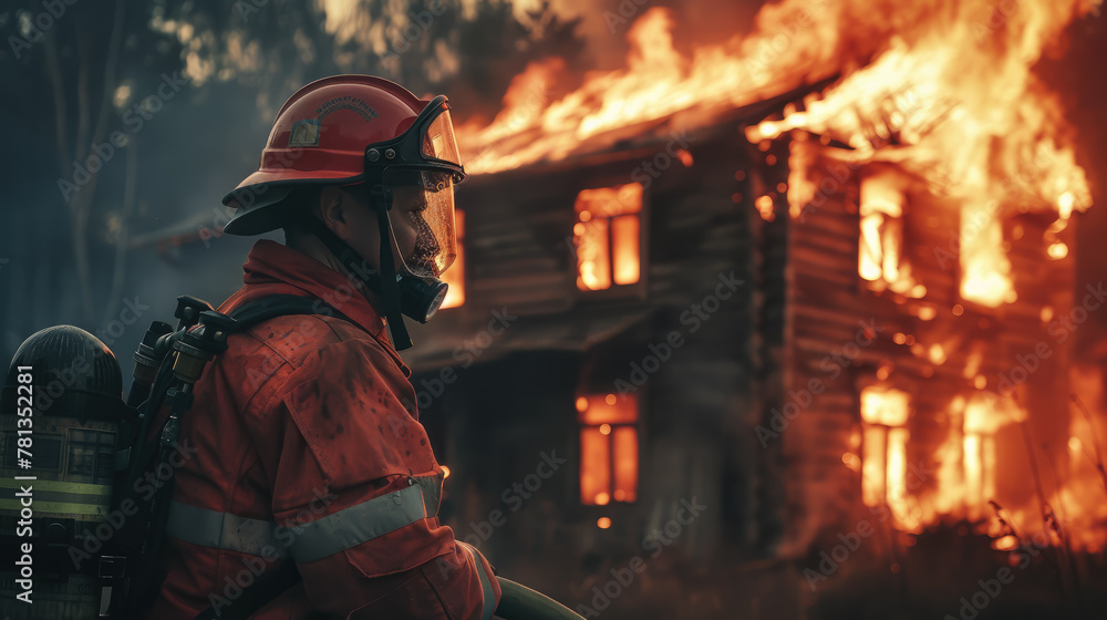 serious male firefighter in uniform and helmet extinguishes a burning house from a hose, professional, rescuer, disaster, fire, danger, man, flame, fireman, smoke, people, night, dark, person